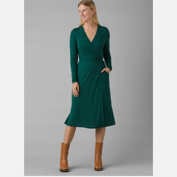 PRANA DEEP PINE HEATHER GREEN FOUNDATION LONG SLEEVE WRAP DRESS 1966871 SZ Large - Picture 1 of 16